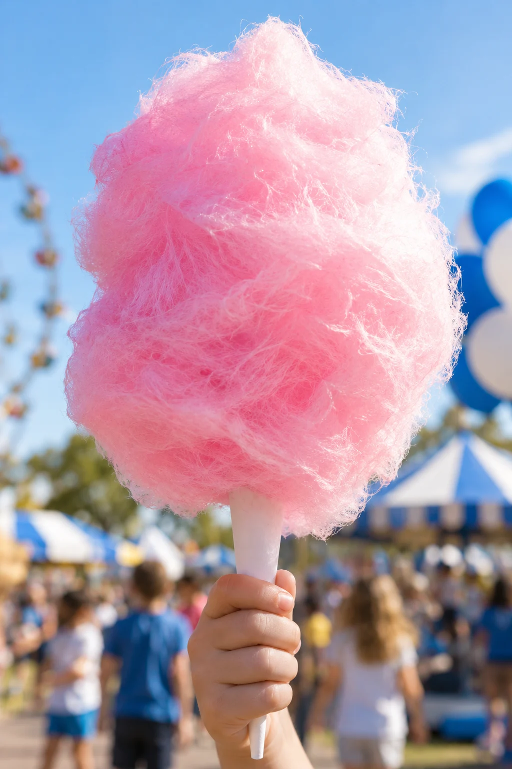 Promotional image of fluffy pink cotton candy at a carnival