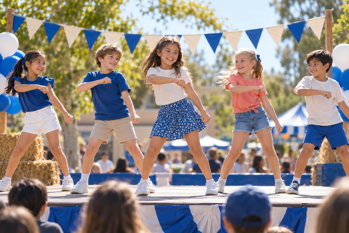 Promotional scene of children dancing on an outdoor school stage